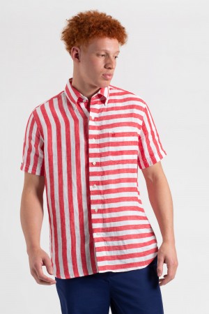 Ben Sherman B by Ben Sherman Candy Stripe Linen Short Sleeve Shirts Pink Red | MPJL49320