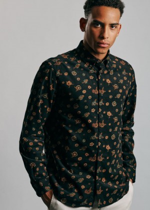 Ben Sherman Retro Floral Print Corduroy Shirts Black | ZAXO95861