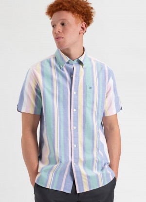 Ben Sherman Short Sleeve Brighton Oxford Organic Stripe Shirts Multicolor Stripes | QSMI07135