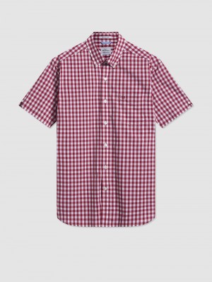 Ben Sherman Short Sleeve House Poplin Gingham Shirts Burgundy | SPMR78039