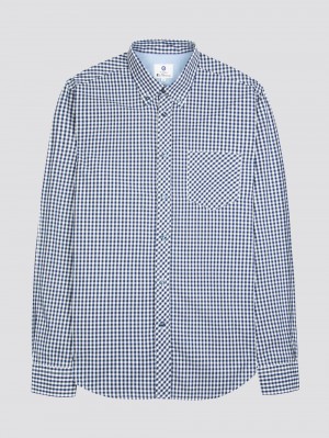 Ben Sherman Signature Long-Sleeve Gingham Shirts Dark Blue | USMC08641