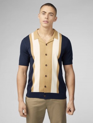 Ben Sherman Signature Resort Neck Button Through Polo Knitwear Navy | BDIV29435