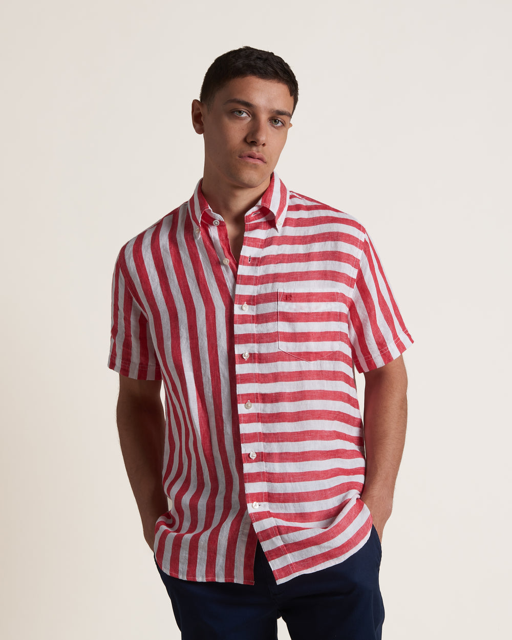 Ben Sherman B by Ben Sherman Candy Stripe Linen Short Sleeve Shirts Pink Red | MPJL49320