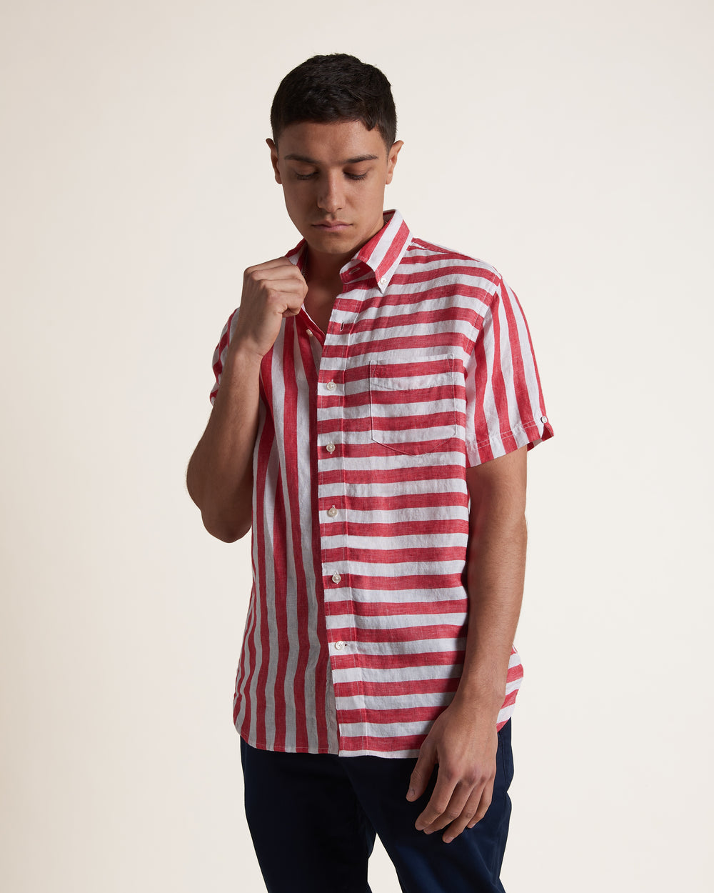 Ben Sherman B by Ben Sherman Candy Stripe Linen Short Sleeve Shirts Pink Red | MPJL49320