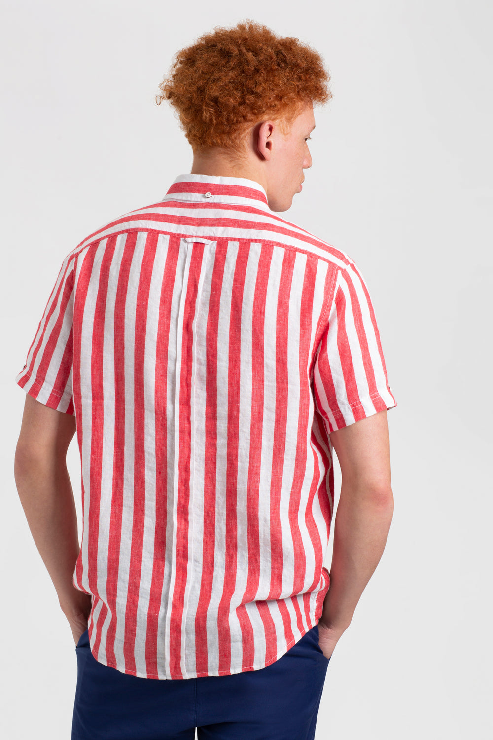 Ben Sherman B by Ben Sherman Candy Stripe Linen Short Sleeve Shirts Pink Red | MPJL49320