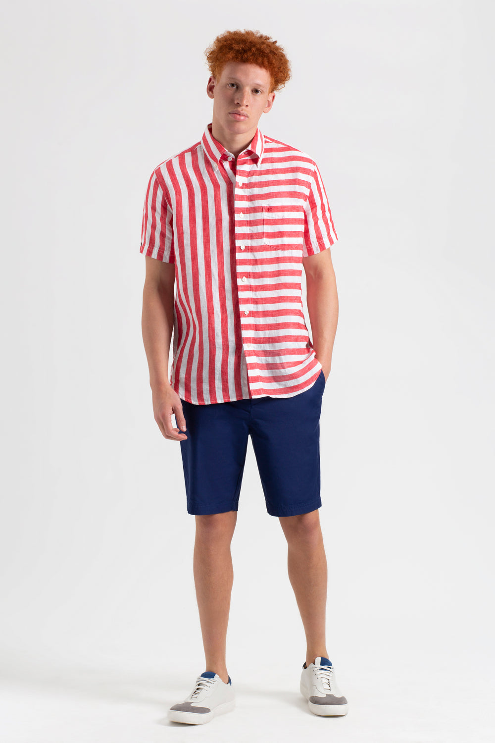 Ben Sherman B by Ben Sherman Candy Stripe Linen Short Sleeve Shirts Pink Red | MPJL49320