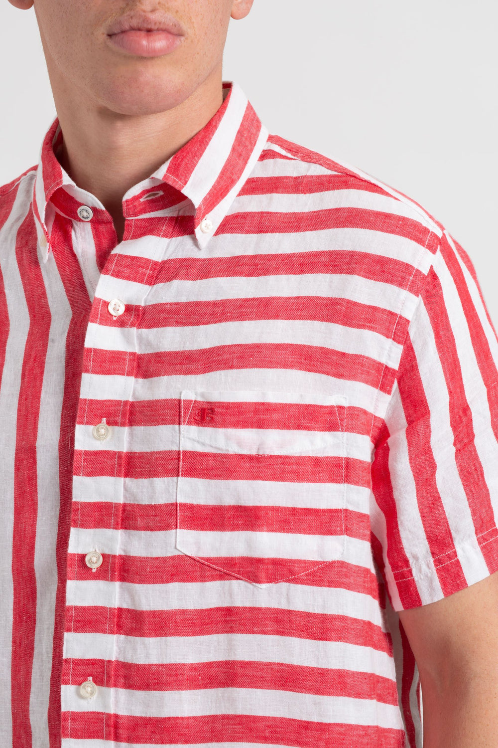 Ben Sherman B by Ben Sherman Candy Stripe Linen Short Sleeve Shirts Pink Red | MPJL49320