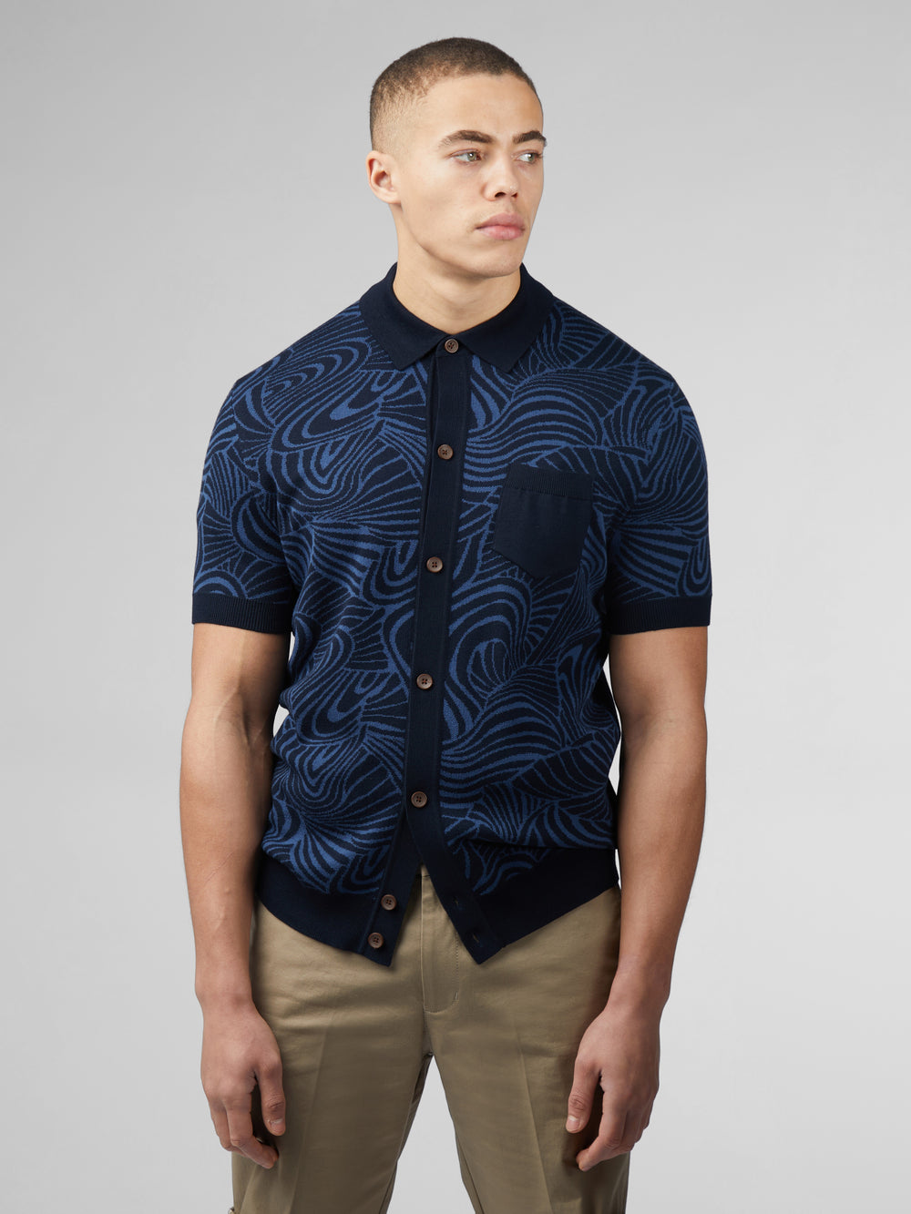 Ben Sherman B by Ben Sherman Swirl Jacquard Button Through Polo Knitwear Navy | JXLN30987