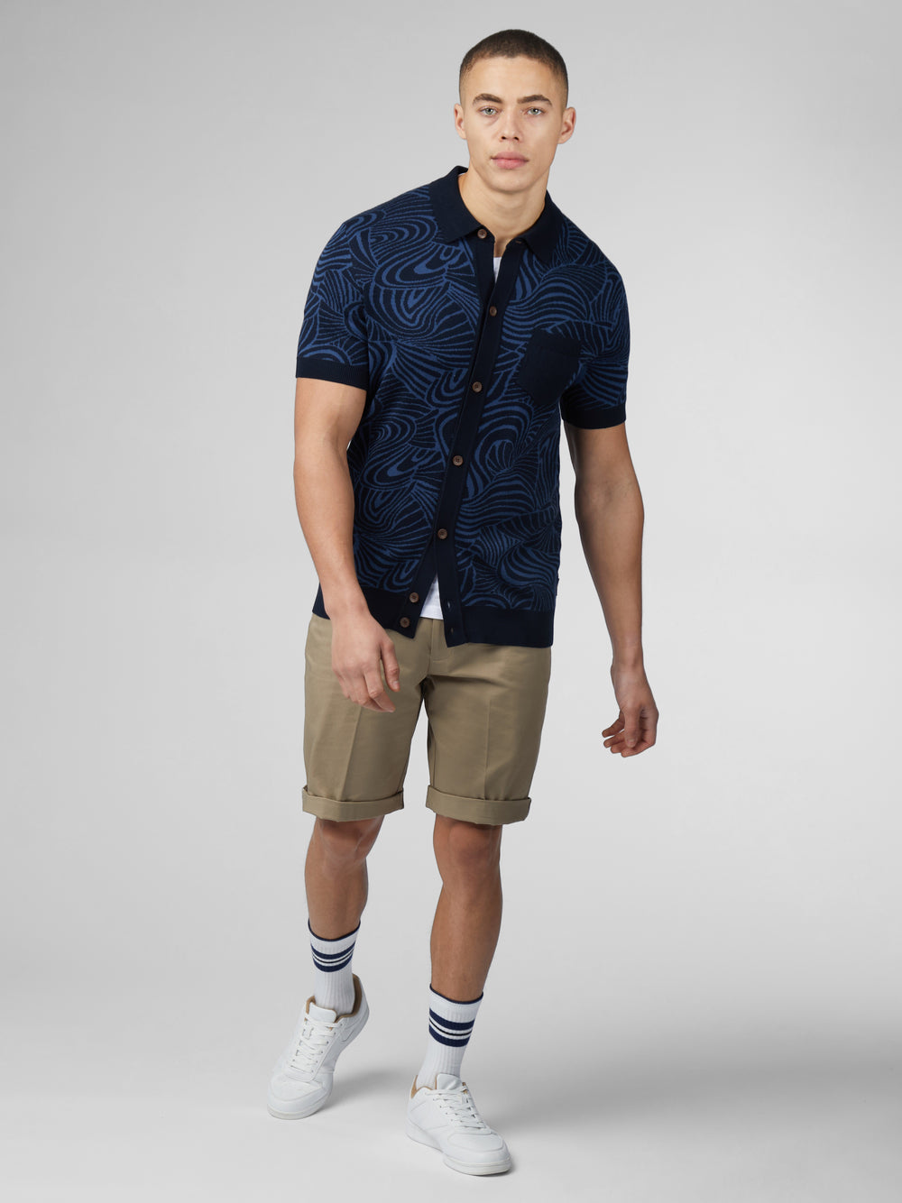 Ben Sherman B by Ben Sherman Swirl Jacquard Button Through Polo Knitwear Navy | JXLN30987