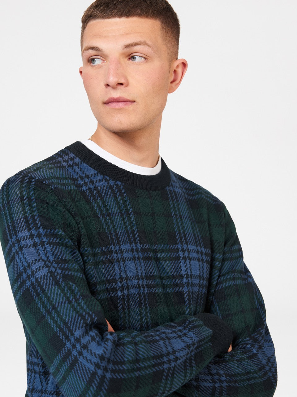 Ben Sherman Blackwatch Check Crewneck Knitwear Black | EVDZ40253