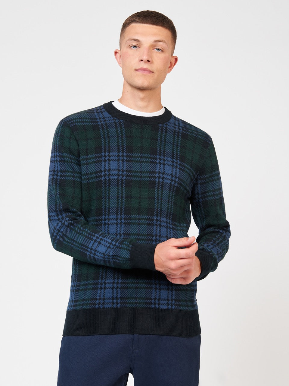 Ben Sherman Blackwatch Check Crewneck Knitwear Black | EVDZ40253