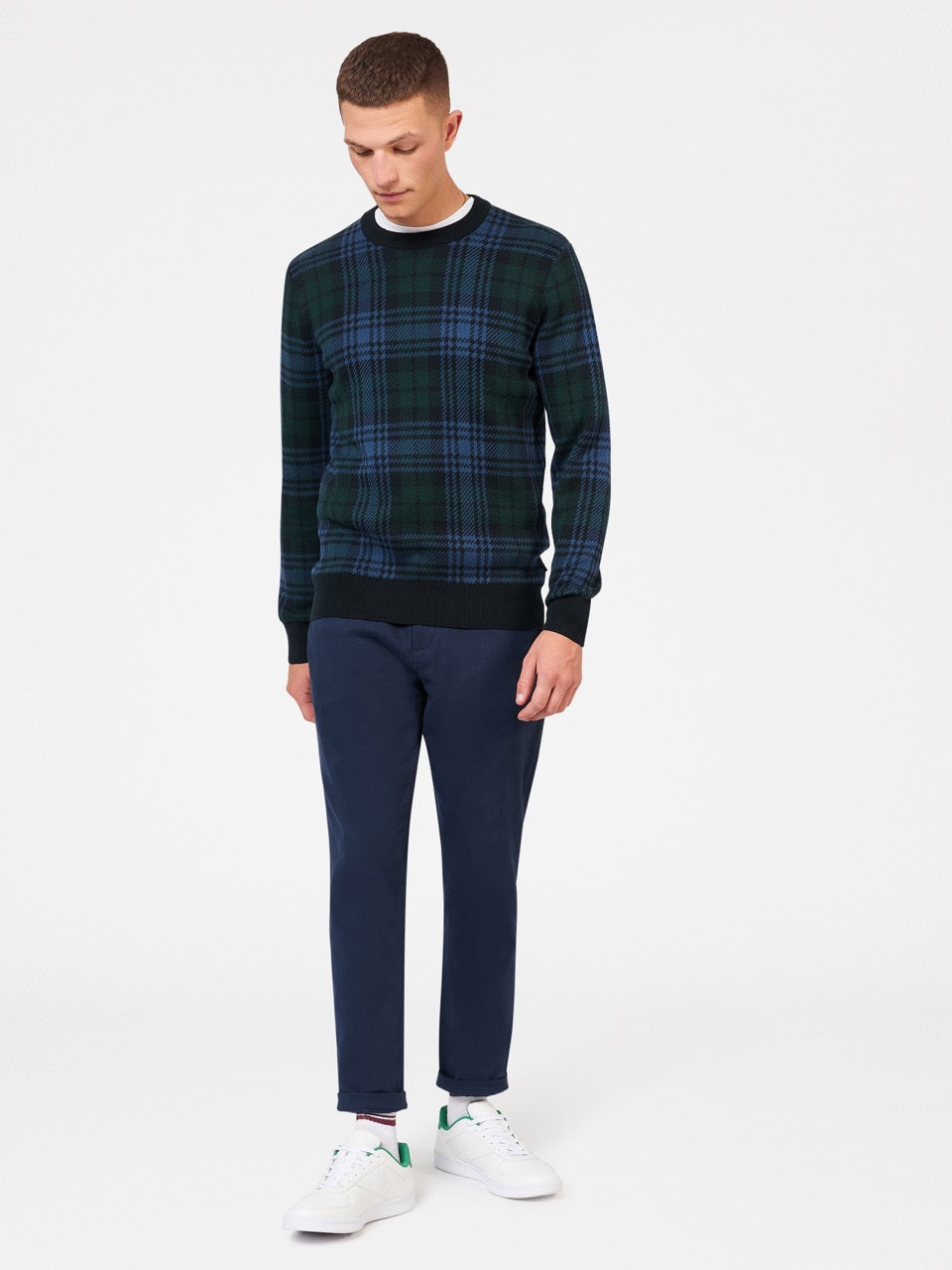 Ben Sherman Blackwatch Check Crewneck Knitwear Black | EVDZ40253