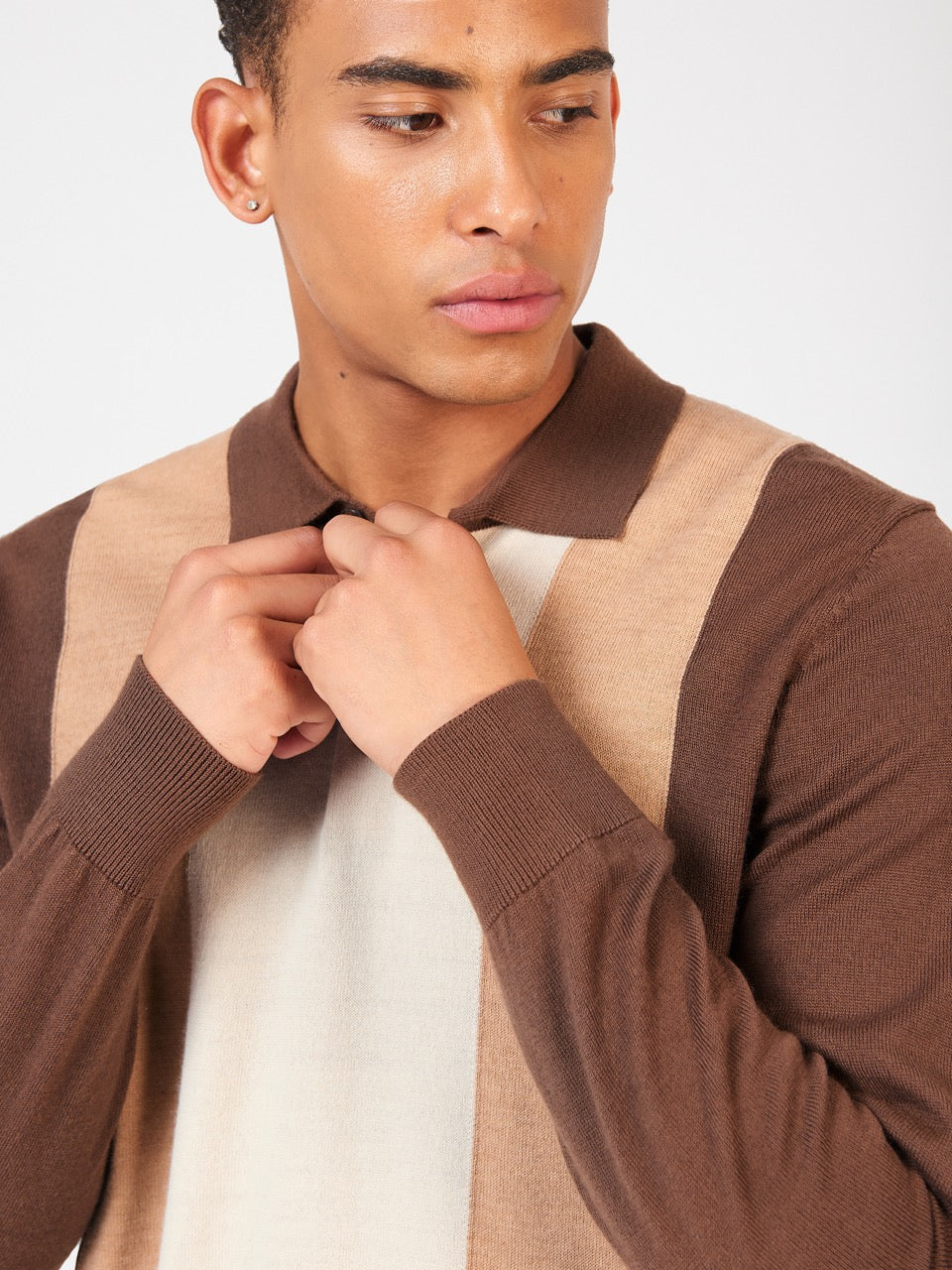 Ben Sherman Block Stripe Merino Polo Neck Sweaters Chocolate | MOKL78124