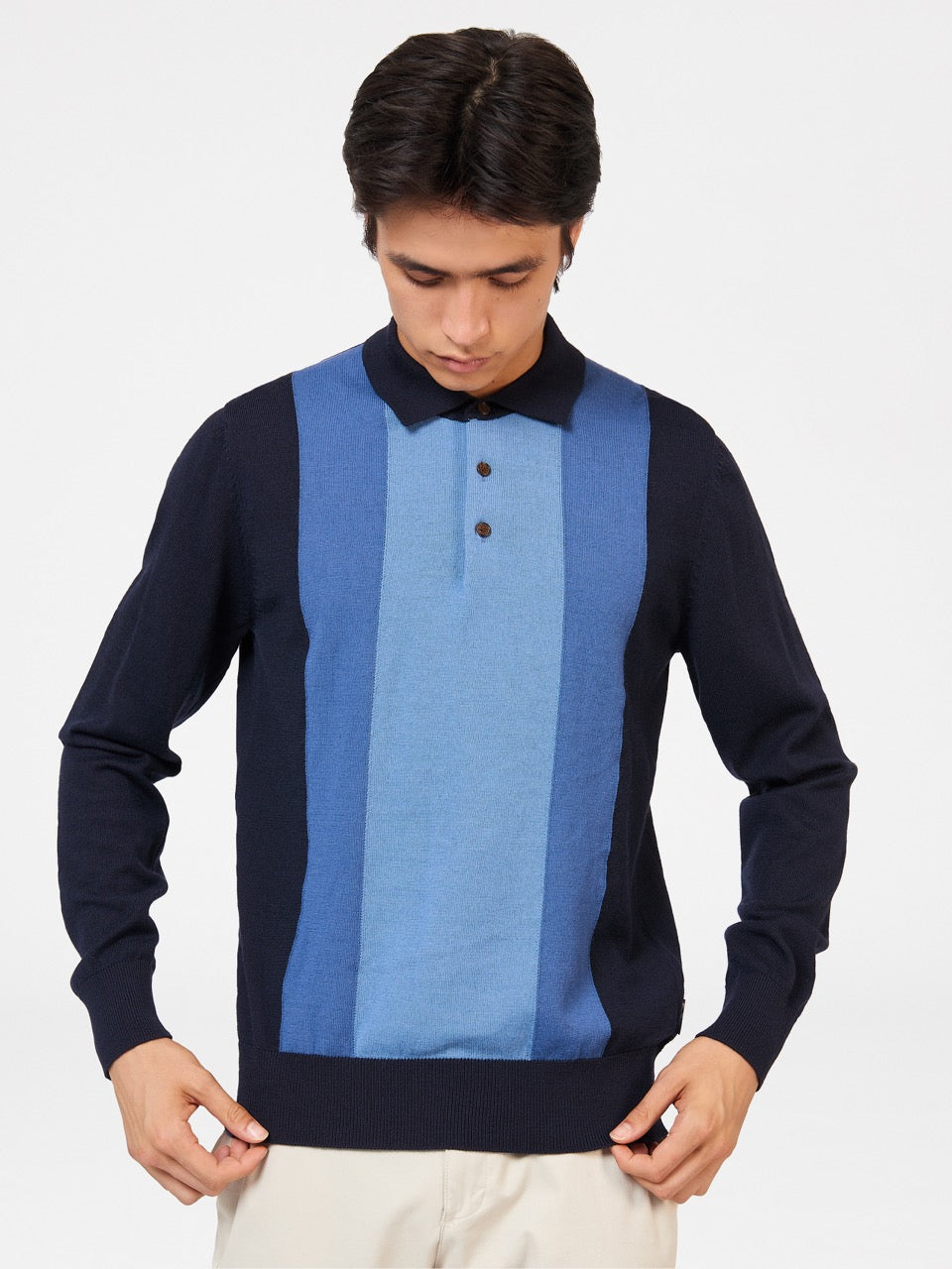 Ben Sherman Block Stripe Merino Polo Neck Sweaters Navy | GSZP18270