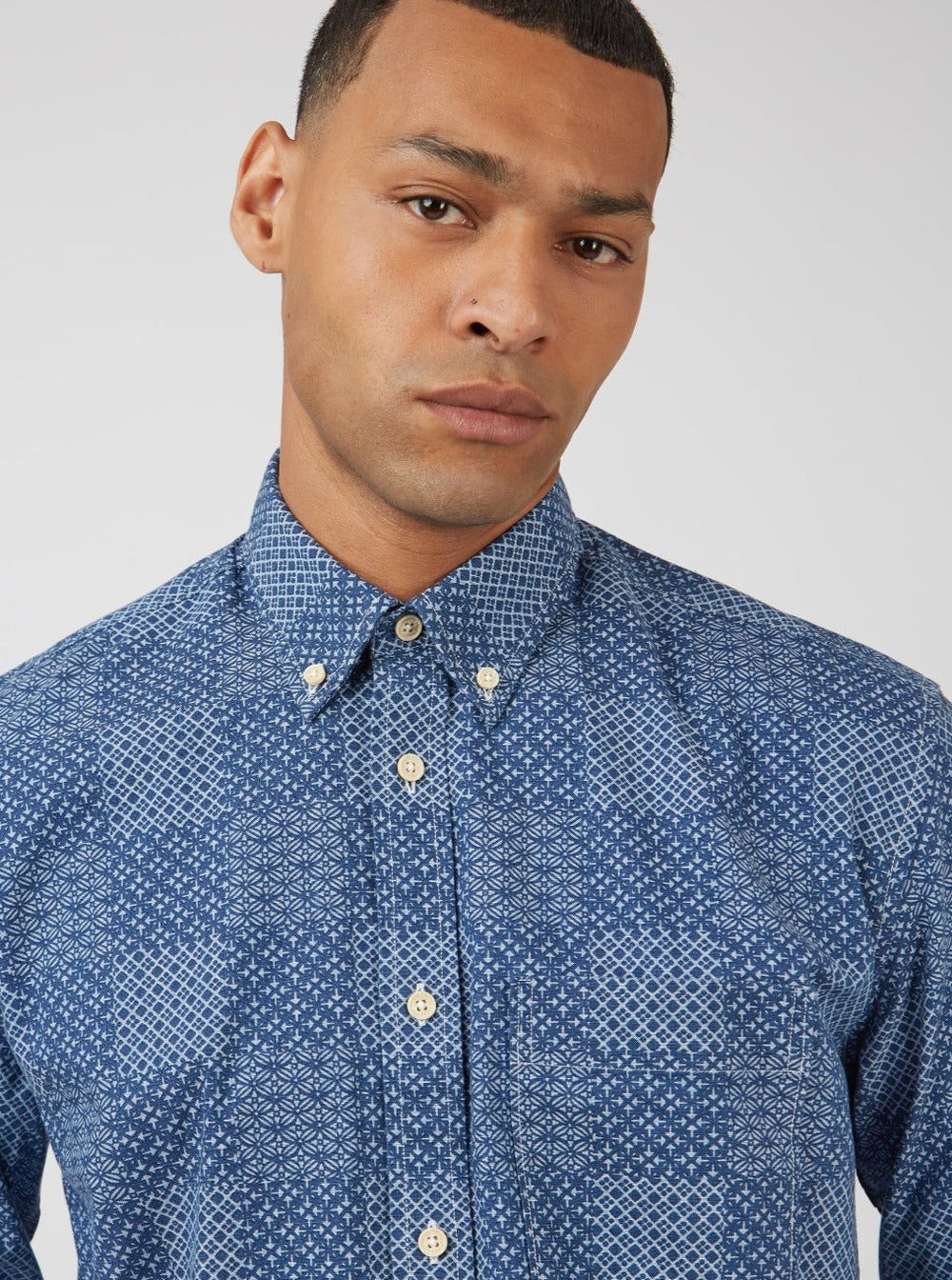 Ben Sherman Chambray Patchwork Geo Print Long-Sleeve Shirts Blue | UJQX34907