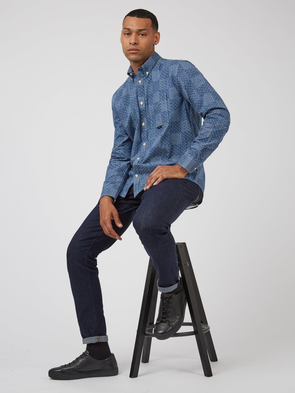 Ben Sherman Chambray Patchwork Geo Print Long-Sleeve Shirts Blue | UJQX34907