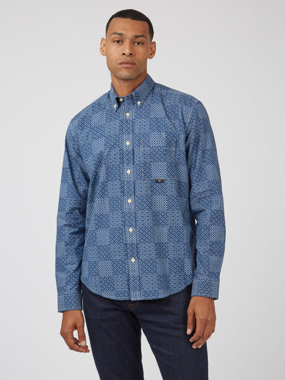 Ben Sherman Chambray Patchwork Geo Print Long-Sleeve Shirts Blue | UJQX34907