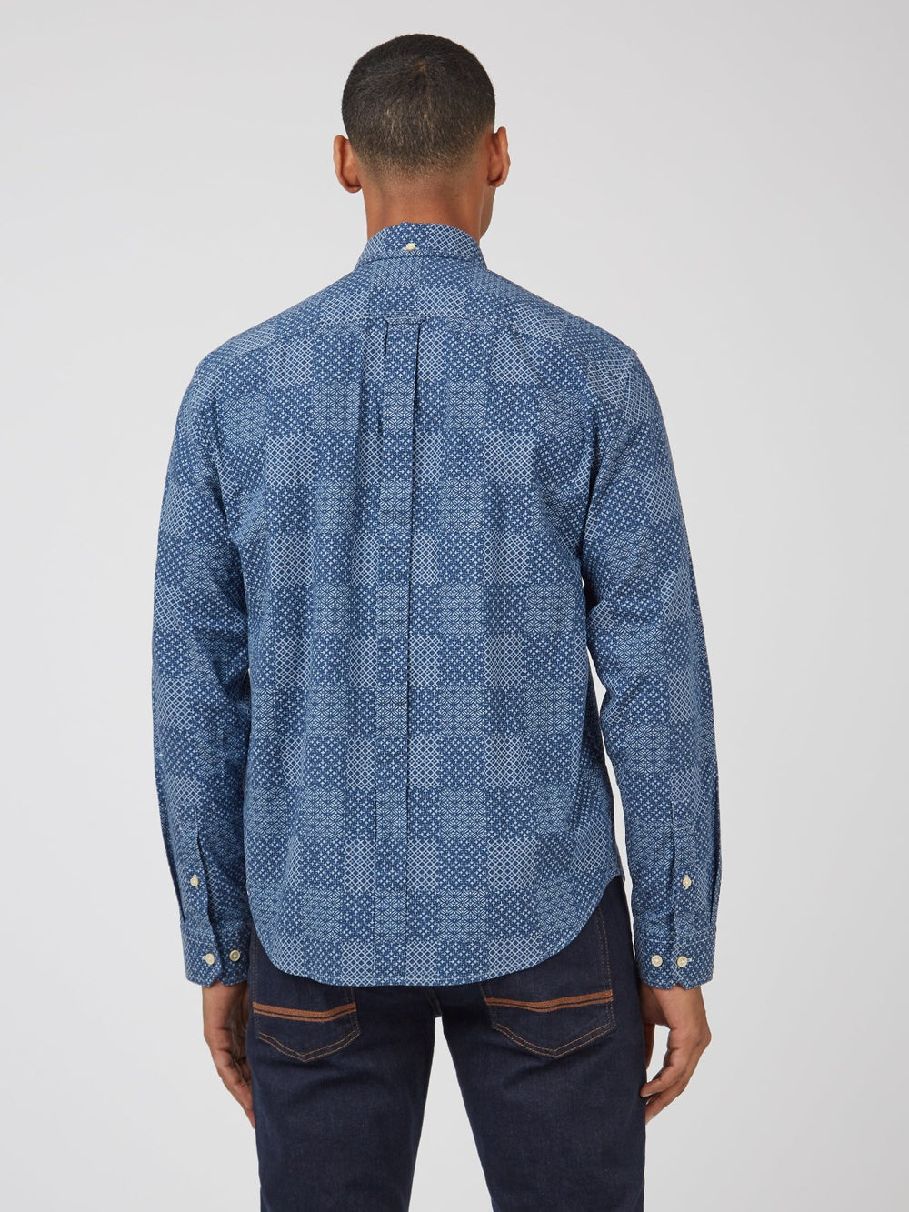 Ben Sherman Chambray Patchwork Geo Print Long-Sleeve Shirts Blue | UJQX34907