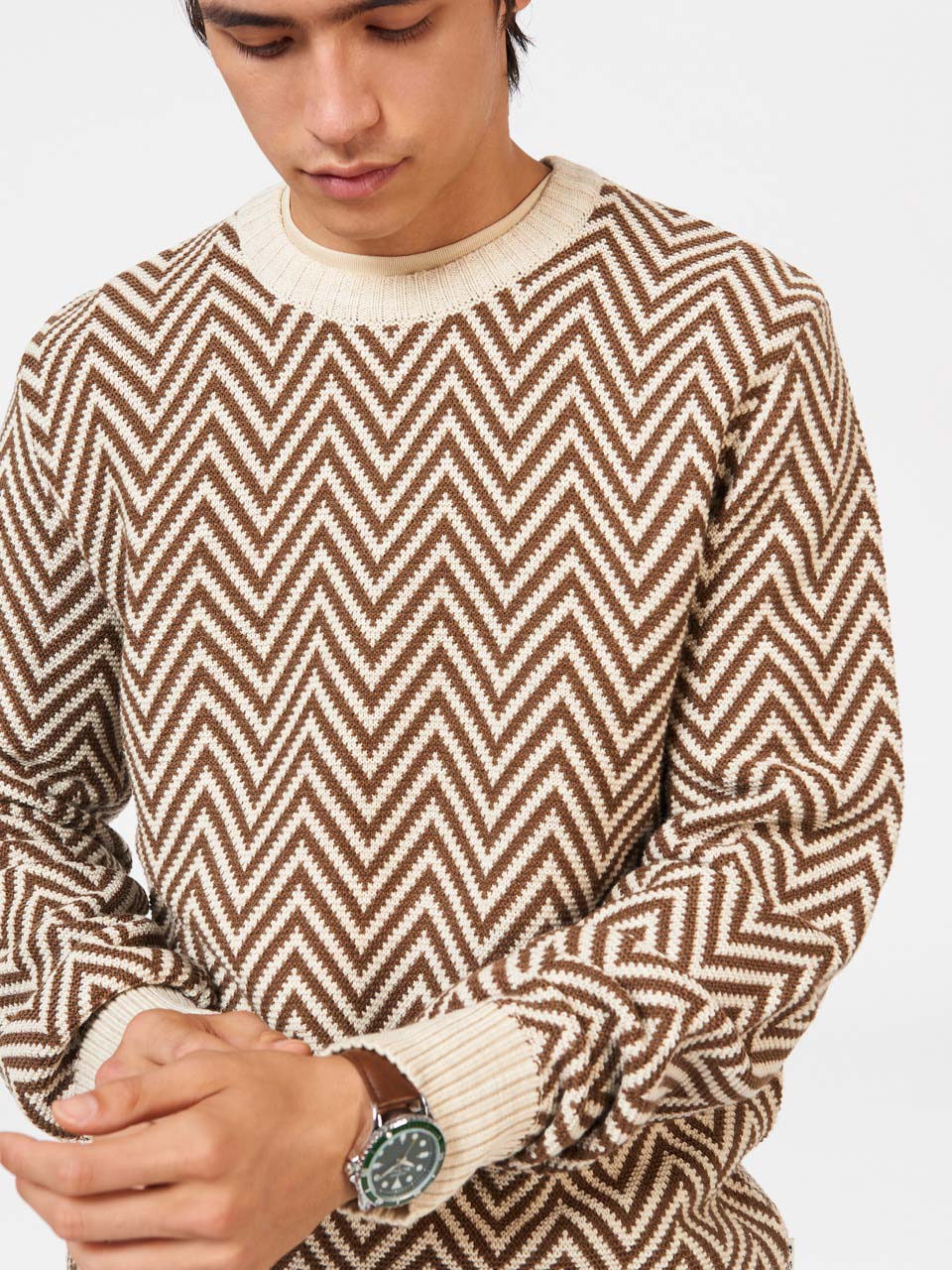 Ben Sherman Chevron Jacquard Crewneck Knitwear White | MGTD61379