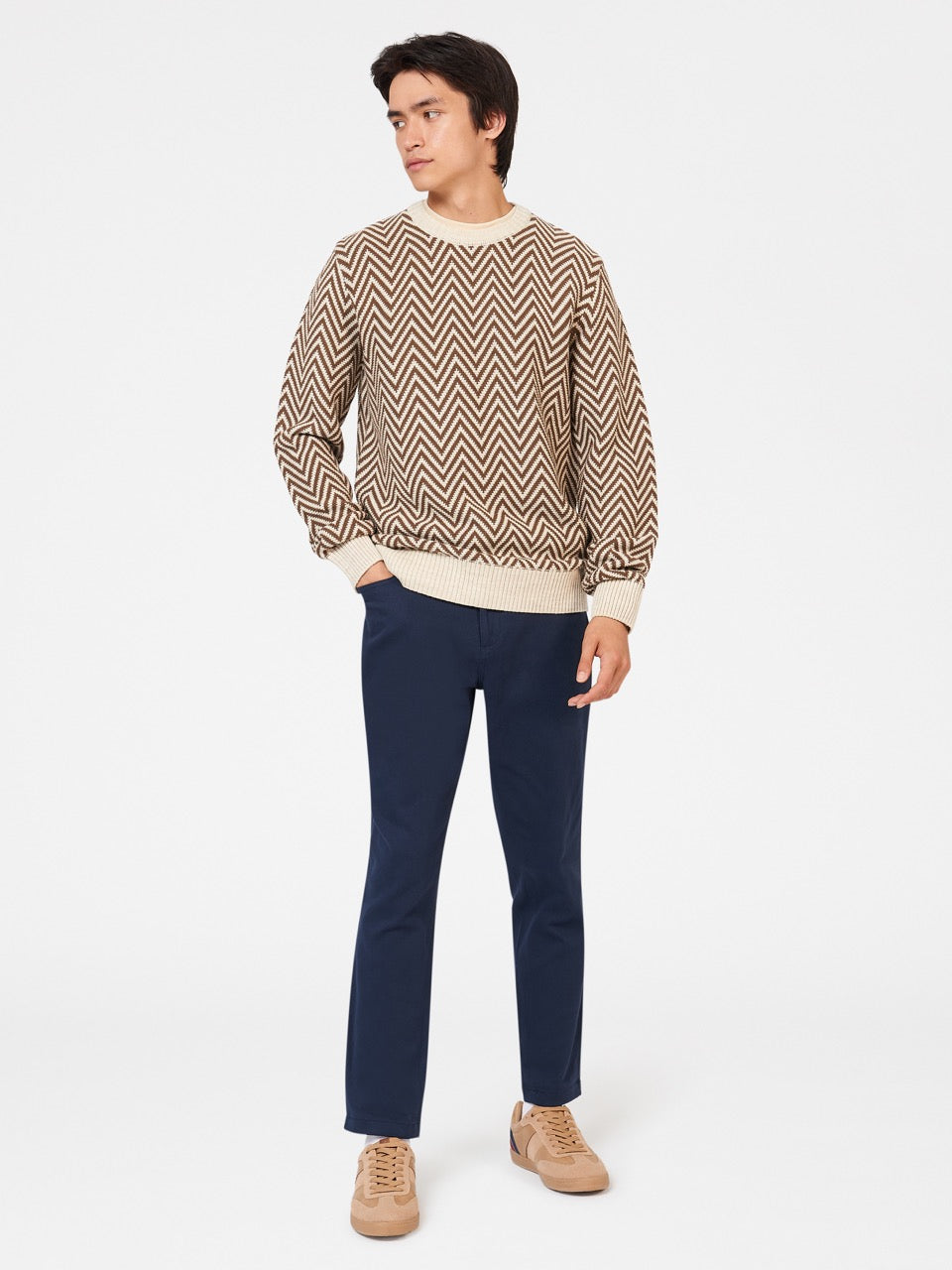 Ben Sherman Chevron Jacquard Crewneck Knitwear White | MGTD61379