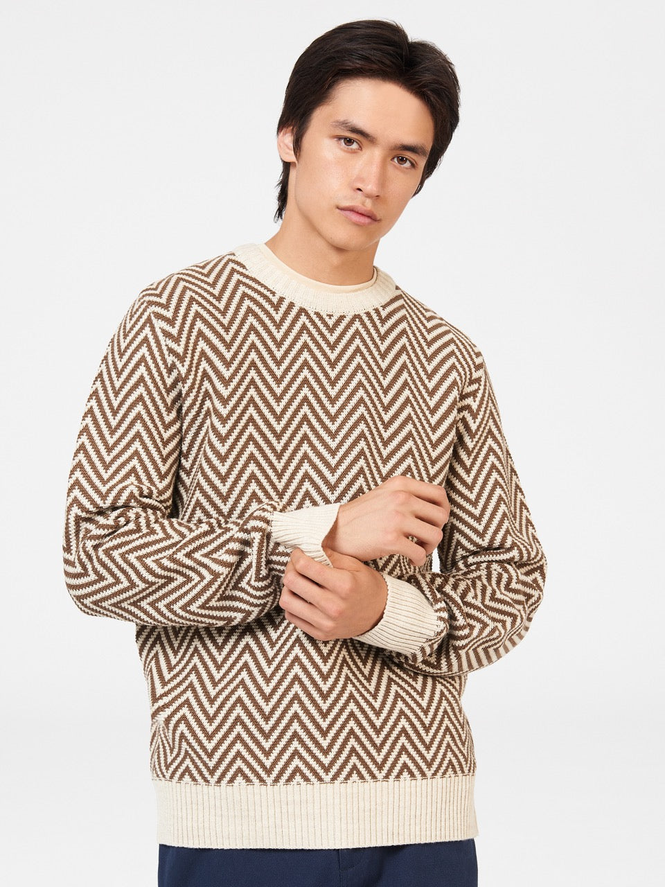 Ben Sherman Chevron Jacquard Crewneck Knitwear White | MGTD61379