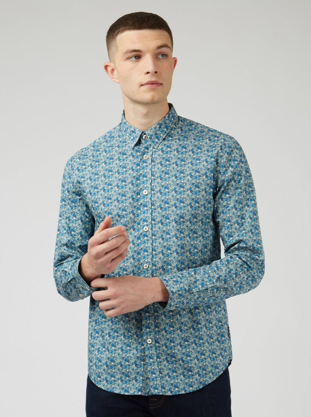 Ben Sherman Floral Print Long-Sleeve Shirts Blue Grey | DXNS25360