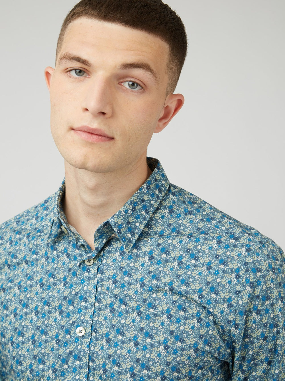 Ben Sherman Floral Print Long-Sleeve Shirts Blue Grey | DXNS25360