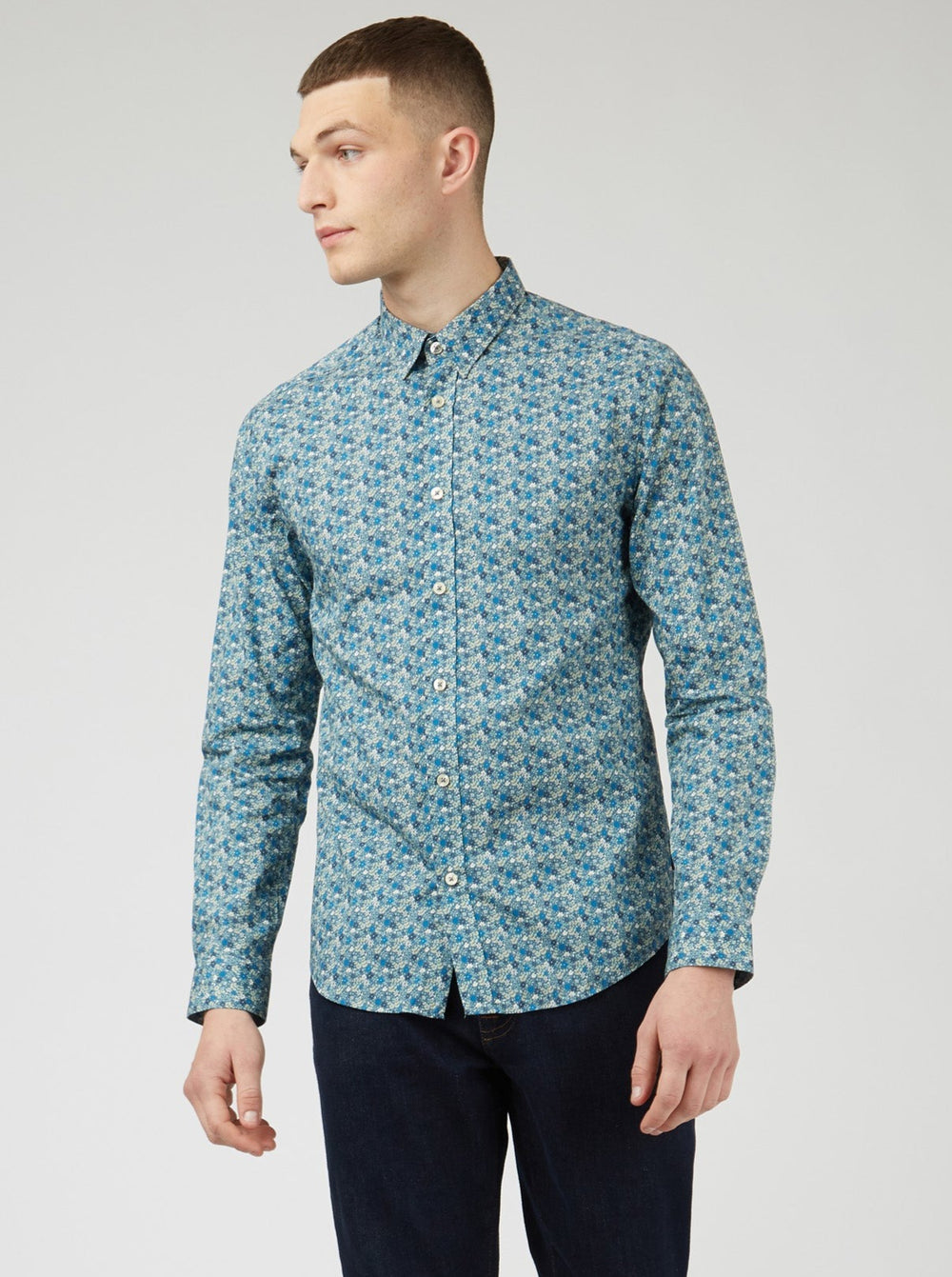 Ben Sherman Floral Print Long-Sleeve Shirts Blue Grey | DXNS25360