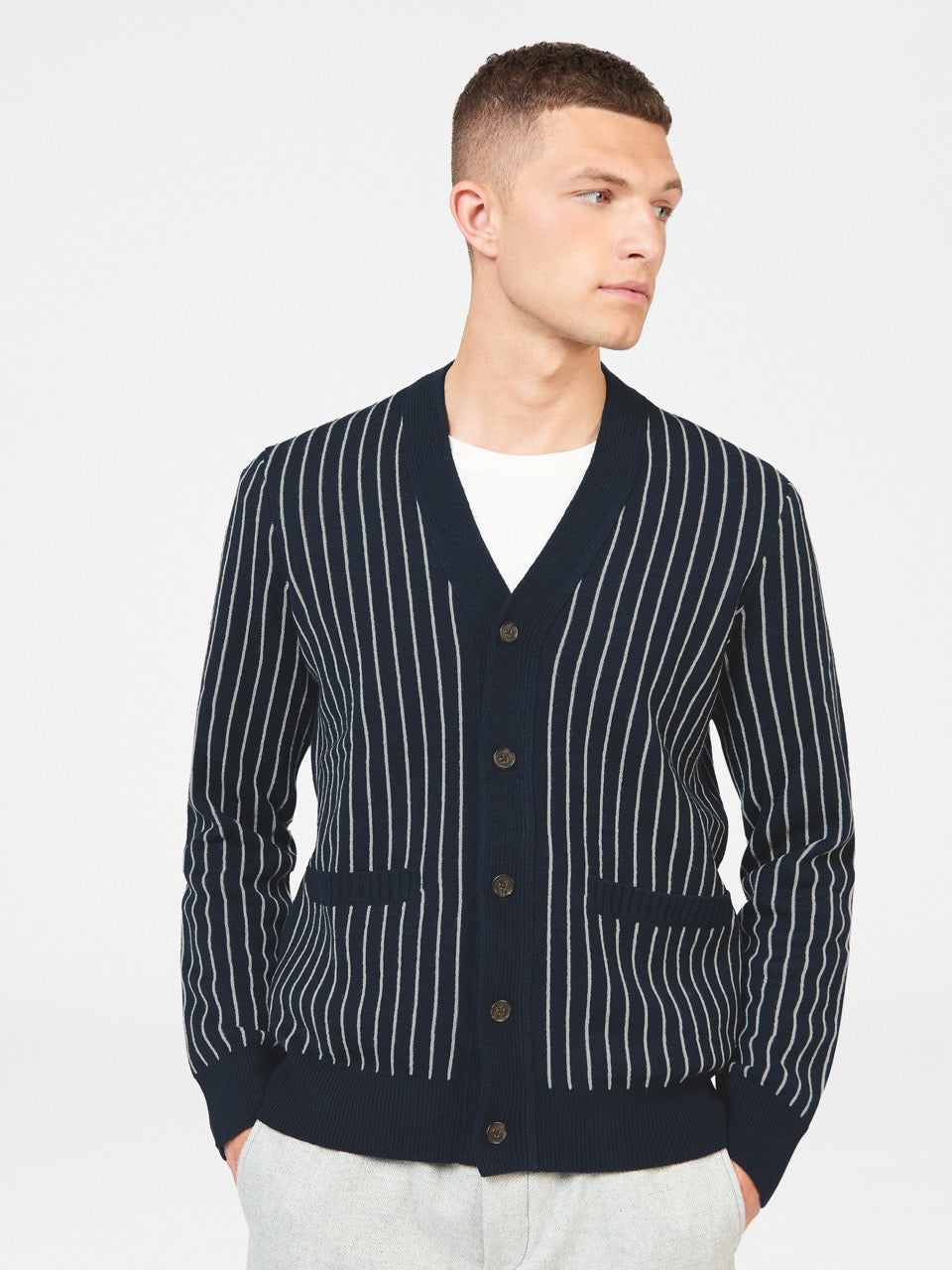 Ben Sherman Jacquard Stripe Cardigan Knitwear Navy | KGRJ74356