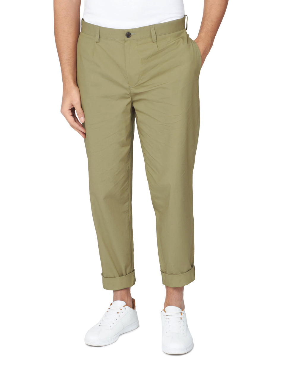 Ben Sherman Poplin Relaxed-Taper Pleated Pants Olive | VKUT17028