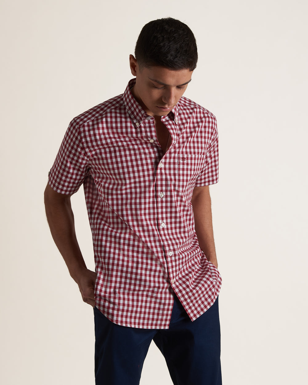 Ben Sherman Short Sleeve House Poplin Gingham Shirts Burgundy | SPMR78039