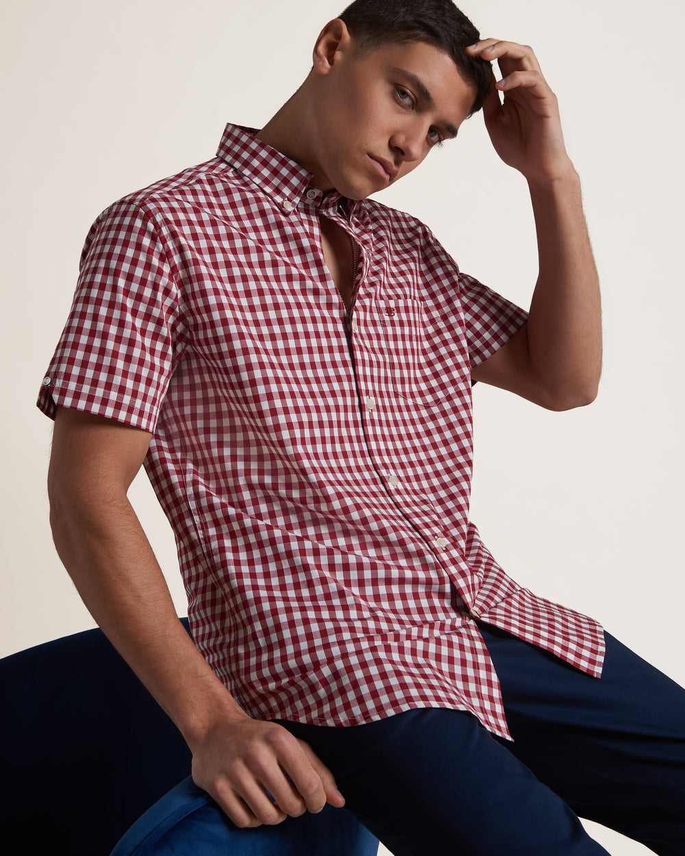 Ben Sherman Short Sleeve House Poplin Gingham Shirts Burgundy | SPMR78039