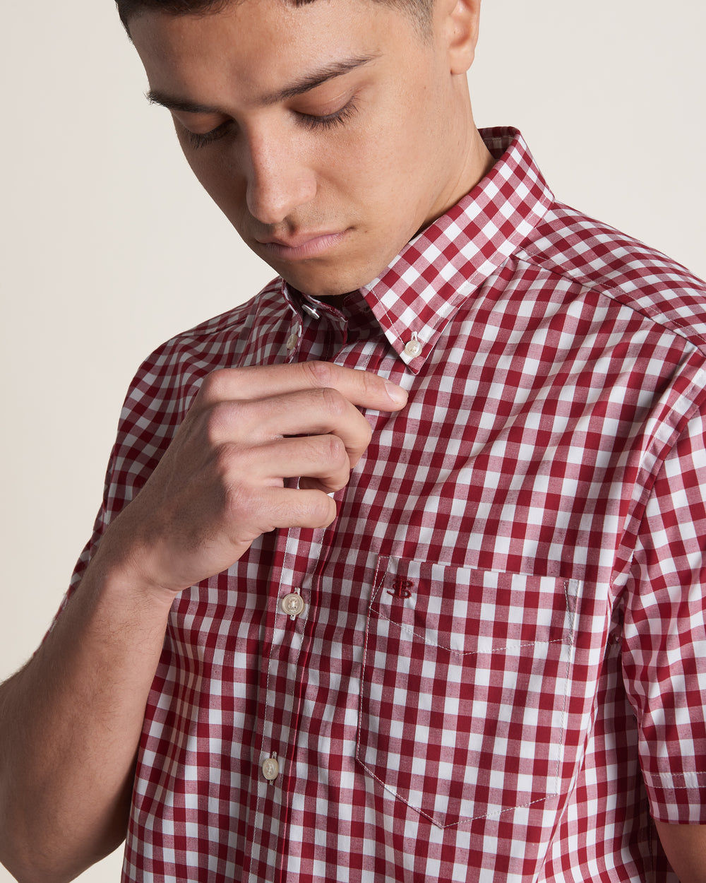 Ben Sherman Short Sleeve House Poplin Gingham Shirts Burgundy | SPMR78039