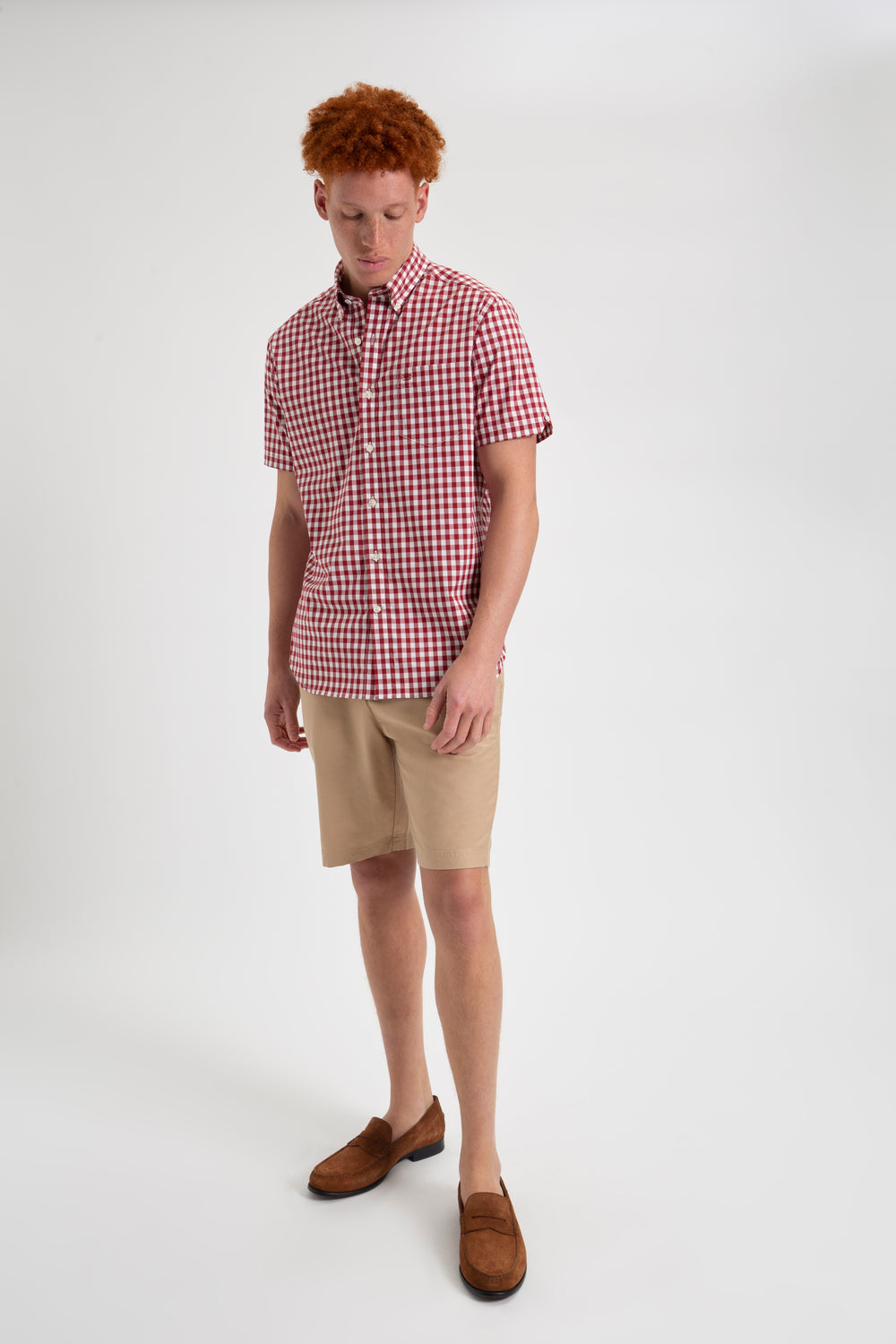 Ben Sherman Short Sleeve House Poplin Gingham Shirts Burgundy | SPMR78039