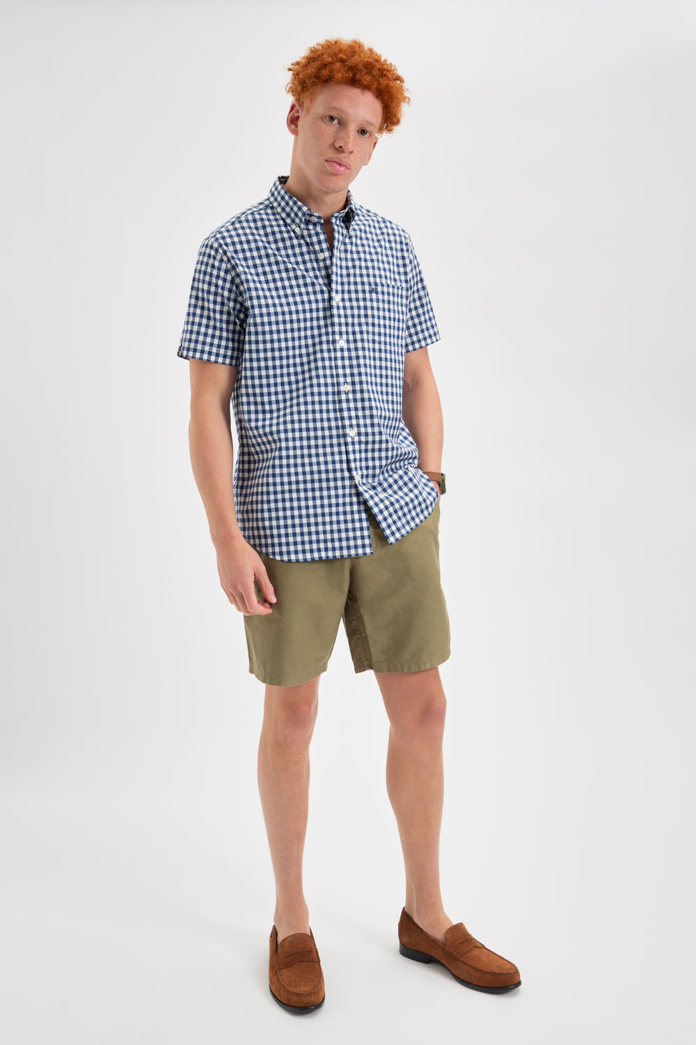 Ben Sherman Short Sleeve House Poplin Gingham Shirts Navy / Olive | OQGN27408