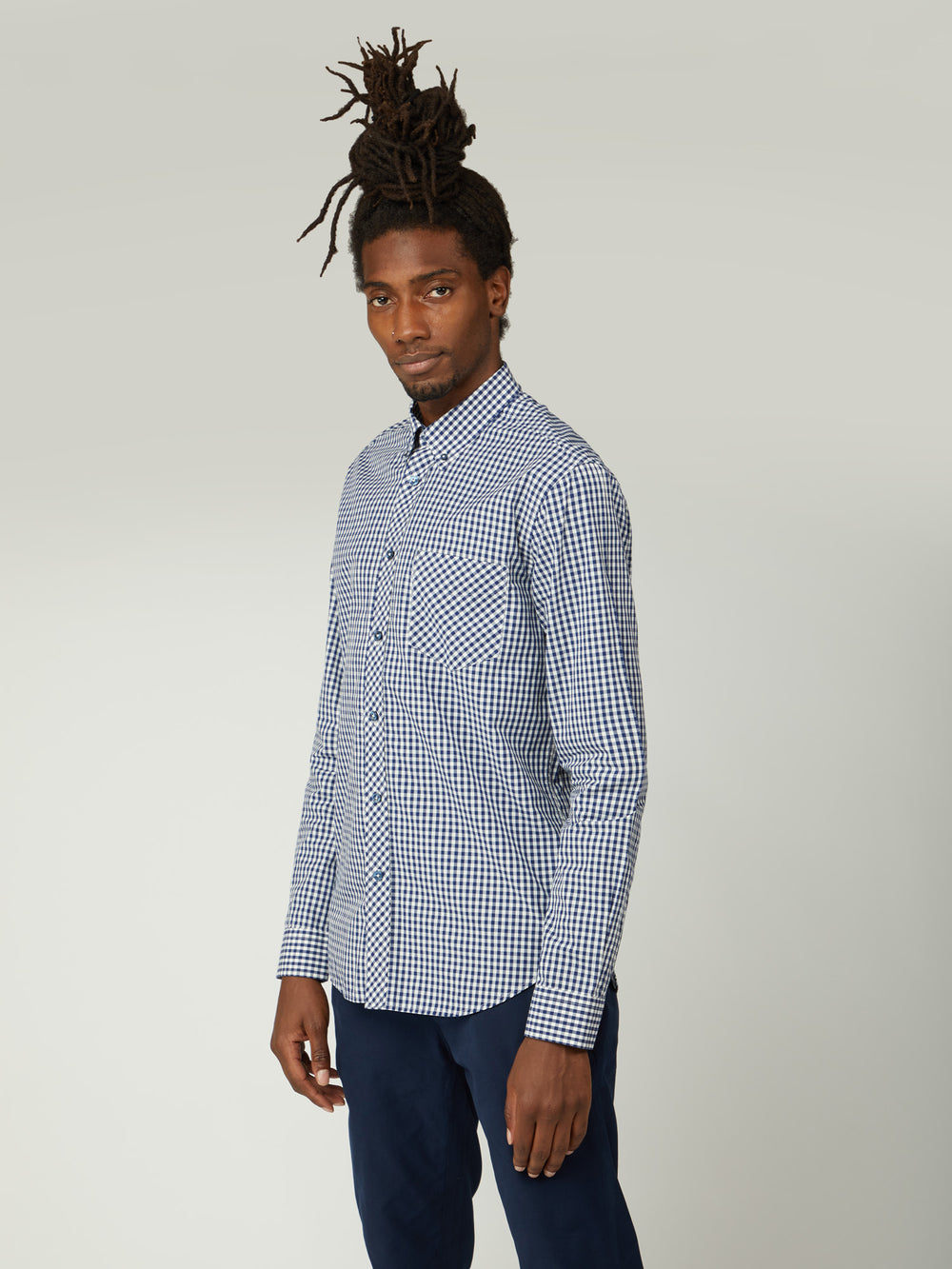 Ben Sherman Signature Long-Sleeve Gingham Shirts Dark Blue | USMC08641