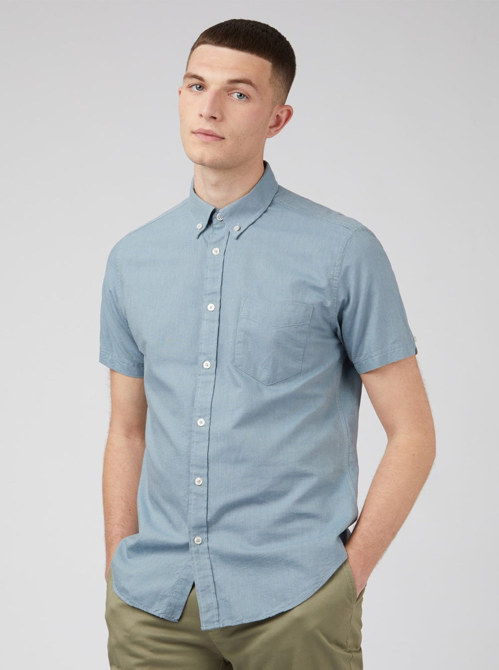 Ben Sherman Signature Organic Short-Sleeve Oxford Shadow Shirts Blue Grey | HXJS06139