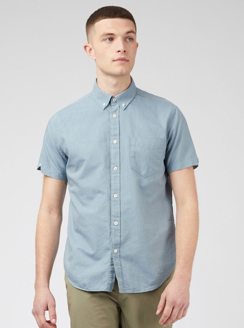 Ben Sherman Signature Organic Short-Sleeve Oxford Shadow Shirts Blue Grey | HXJS06139