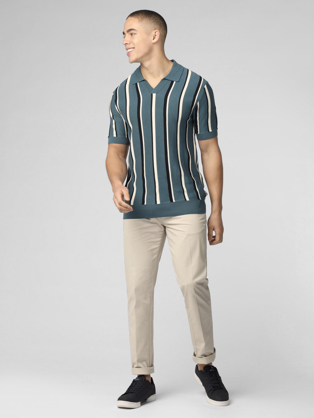 Ben Sherman Signature Vertical Stripe Open Neck Polo Knitwear Turquoise | HJSC58631